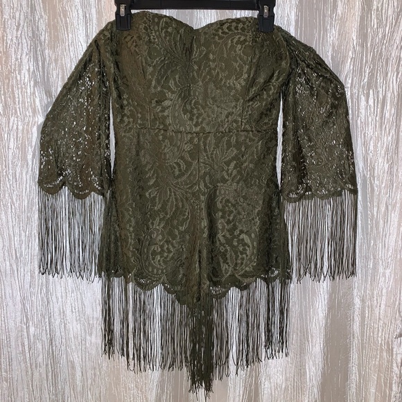 Original Olive Green Party Lace Shorts Romper Off-The-Shoulder with Fringe - Picture 1 of 5